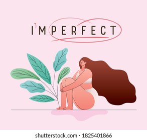 imperfect perfect plus size woman cartoon in underwear with leaves design, Love and care yourself theme Vector illustration