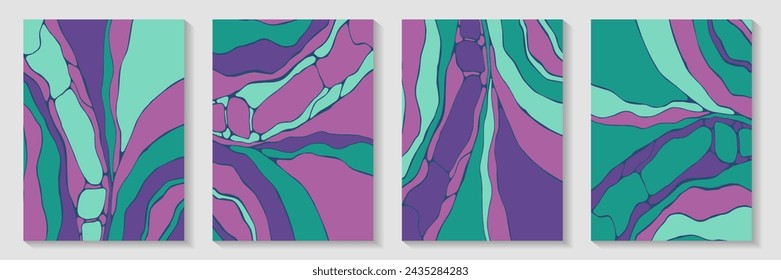 Imperfect stone texture backdrop template vector set. Creative posters. Flow splash postcard cover page templates. Stone imitation. Futuristic kintsugi psychedelic backgrounds.