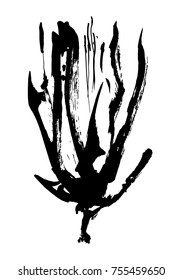 Imperfect vector black hand drawn grunge flower. Stylized silhouette painted by ink. Isolated on white background.