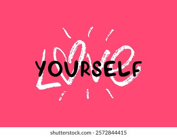 Imperfection chalk hand written calligraphy artwork. Inspirational slogan of Love yourself. Trendy girly print for greeting card - isolated vector on red background.