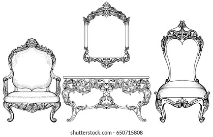 Imperial Baroque armchair and dressing table furniture collection armchairs luxurious ornament. Vector French Luxury rich intricate structure. Victorian Royal Style decor