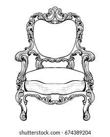 Imperial Baroque armchair with luxurious ornaments. Vector French Luxury rich intricate structure. Victorian Royal Style decor