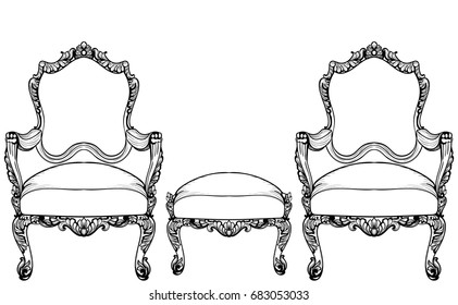 Imperial Baroque armchair set with luxurious ornaments. Vector French Luxury rich intricate structure. Victorian Royal Style decors