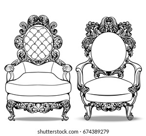 Imperial Baroque chairs collection with luxurious ornaments. Vector French Luxury rich intricate structure. Victorian Royal Style decor