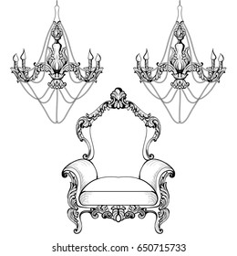 Imperial Baroque chandelier decoration accesories collection armchairs luxurious ornament. Vector French Luxury rich intricate structure. Victorian Royal Style decor