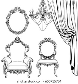 Imperial Baroque furniture and decoration accesories collection armchairs luxurious ornament. Vector French Luxury rich intricate structure. Victorian Royal Style decor