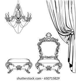 Imperial Baroque furniture and decoration accesories collection armchairs luxurious ornament. Vector French Luxury rich intricate structure. Victorian Royal Style decor