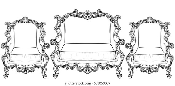 Imperial Baroque furniture set with luxurious ornaments. Vector French Luxury rich intricate structure. Victorian Royal Style decors