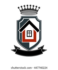 Imperial coat of arms, vector royal house conceptual symbol. Protection shield with 3d king crown. Majestic heraldic design element. 