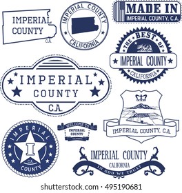 Imperial county, California. Set of generic stamps and signs including Imperial county map and seal elements.