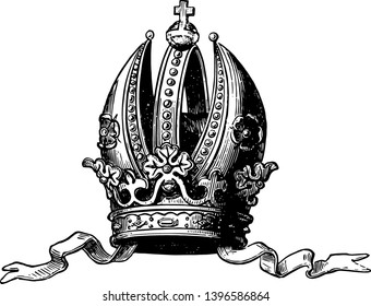 Imperial Crown of Austria greatly resembles the Episcopal mitre vintage line drawing or engraving illustration.