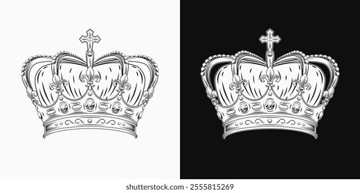 Imperial crown with gemstones, pearls, fleur de lis sign on points, cross on top. Black and white design element is easy to combine with head, any face. Front view. Vintage style.