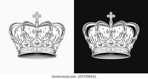 Imperial crown with gemstones, pearls, fleur de lis sign on points, cross on top. Black and white illustration in vintage style.