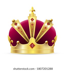 Imperial crown. Isolated realistic imperial gold crown with red velvet and ruby jewels icon. Vector antique king or queen crown, luxury authority symbol decoration