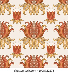 Imperial Crown and Lotus Flowers in Stylized Form Vector Seamless Pattern
