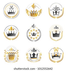 Imperial Crowns emblems set. Heraldic Coat of Arms, vintage vector logos collection.