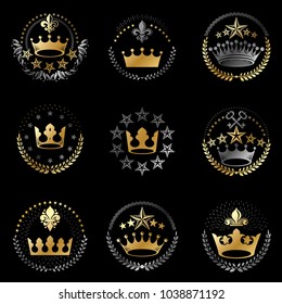 Imperial Crowns emblems set. Heraldic Coat of Arms, vintage vector logos collection.