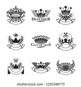 Imperial Crowns emblems set. Heraldic Coat of Arms, vintage vector logos collection.