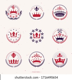 Imperial Crowns emblems set. Heraldic Coat of Arms, vintage vector logos collection.