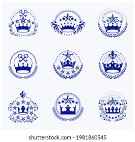 Emplazamiento de los emblemas de las Coronas Imperiales. Escudo de armas heráldico, colección de logotipos vectores vintage.