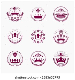 Imperial Crowns emblems set. Heraldic Coat of Arms, vintage vector logos collection.