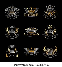 Imperial Crowns emblems set. Heraldic Coat of Arms, vintage vector logos collection.