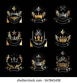 Imperial Crowns emblems set. Heraldic Coat of Arms, vintage vector logos collection.