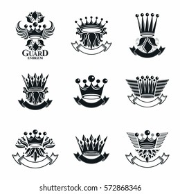 Imperial Crowns emblems set. Heraldic Coat of Arms, vintage vector logos collection.