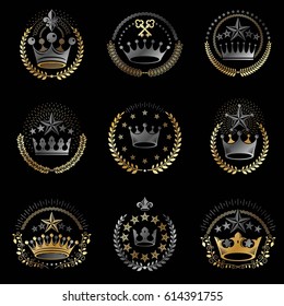 Imperial Crowns emblems set. Heraldic Coat of Arms, vintage vector logos collection.