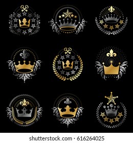 Imperial Crowns emblems set. Heraldic Coat of Arms, vintage vector logos collection.