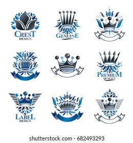 Imperial Crowns emblems set. Heraldic Coat of Arms, vintage vector logos collection.