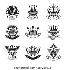 Imperial Crowns emblems set. Heraldic Coat of Arms, vintage vector logos collection.