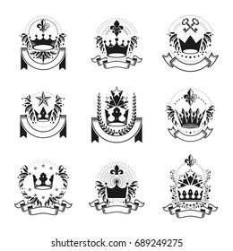 Imperial Crowns emblems set. Heraldic Coat of Arms, vintage vector logos collection.