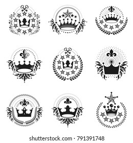 Imperial Crowns emblems set. Heraldic Coat of Arms, vintage vector logos collection.