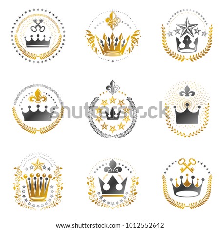 Imperial Crowns emblems set. Heraldic Coat of Arms, vintage vector logos collection.
