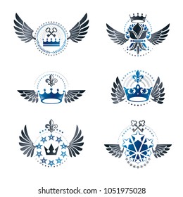Imperial Crowns and Vintage Stars emblems set. Heraldic Coat of Arms, vintage vector logos collection.
