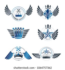 Imperial Crowns and Vintage Stars emblems set. Heraldic Coat of Arms, vintage vector logos collection.