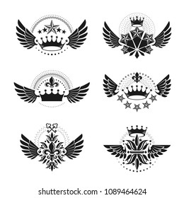 Imperial Crowns and Vintage Stars emblems set. Heraldic Coat of Arms, vintage vector logos collection.
