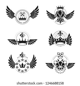 Imperial Crowns and Vintage Stars emblems set. Heraldic Coat of Arms, vintage vector logos collection.