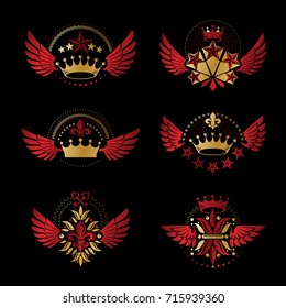 Imperial Crowns and Vintage Stars emblems set. Heraldic Coat of Arms, vintage vector logos collection.