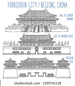Imperial   Forbidden City in Beijing  Freehand vector drawing  Chinese text translation: left 