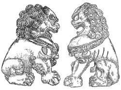 Imperial Guardian Lions Set, Foo Dog Or Fu Dog In Western Languages. Stylized Chinese Lions, Male With A Ball And Female With A Cub. Protect The Building From Harmful Spiritual Influences. Vector. 