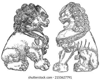Imperial guardian lions set, foo dog or fu dog in western languages. Stylized Chinese lions, male with a ball and female with a cub. Protect the building from harmful spiritual influences. Vector. 