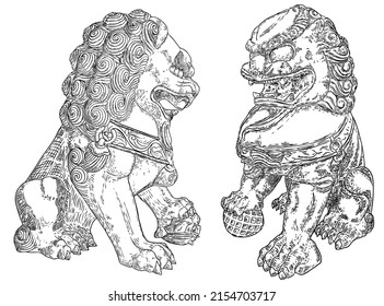 Imperial guardian lions set, foo dog or fu dog in western languages. Stylized Chinese lions, male with a ball and female with a cub. Protect the building from harmful spiritual influences. Vector. 