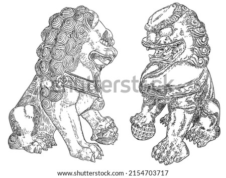 Imperial guardian lions set, foo dog or fu dog in western languages. Stylized Chinese lions, male with a ball and female with a cub. Protect the building from harmful spiritual influences. Vector. 