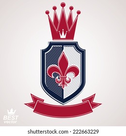 Imperial insignia, vector royal shield with decorative band and monarch coronet. Detailed eps8 coat of arms, king guard symbol - web design element.