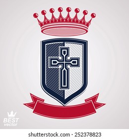 Imperial insignia, vector royal shield with decorative band and monarch coronet. Detailed eps8 coat of arms, king guard symbol with cross - web design element. Crusade.