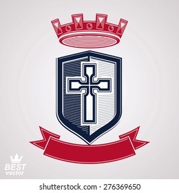 Imperial insignia, vector royal shield with decorative band and monarch coronet. Detailed eps8 coat of arms, king guard symbol with cross - web design element. Crusade.