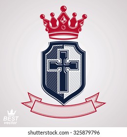 Imperial insignia, vector royal shield with decorative band and monarch coronet. Detailed eps8 coat of arms, king guard symbol with cross, web design element. Crusade.