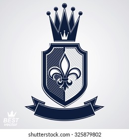 Imperial insignia, vector royal shield with decorative band and monarch coronet. Detailed eps8 coat of arms, king guard symbol, web design element.